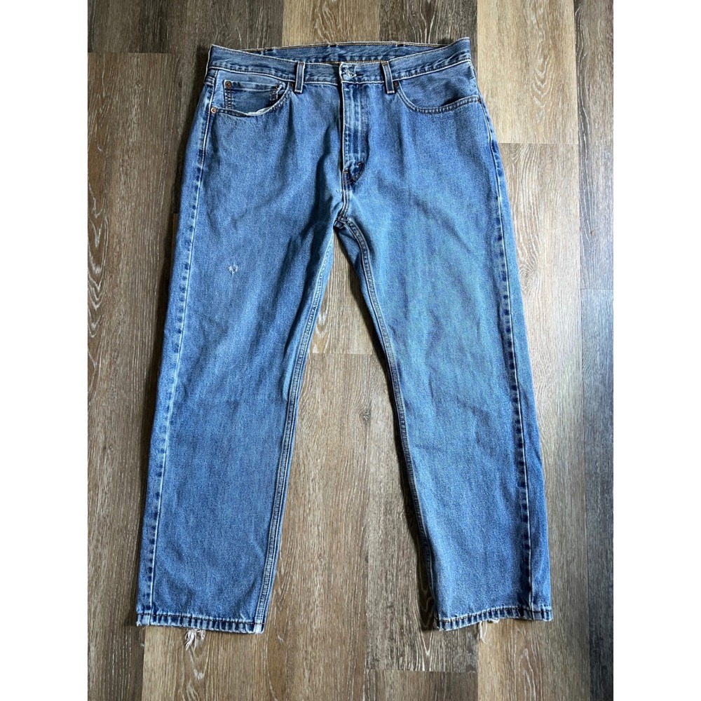 Levis 505 Mens Regular Fit Straight Leg Jeans Medium Wash Blue W38 L30 Distress